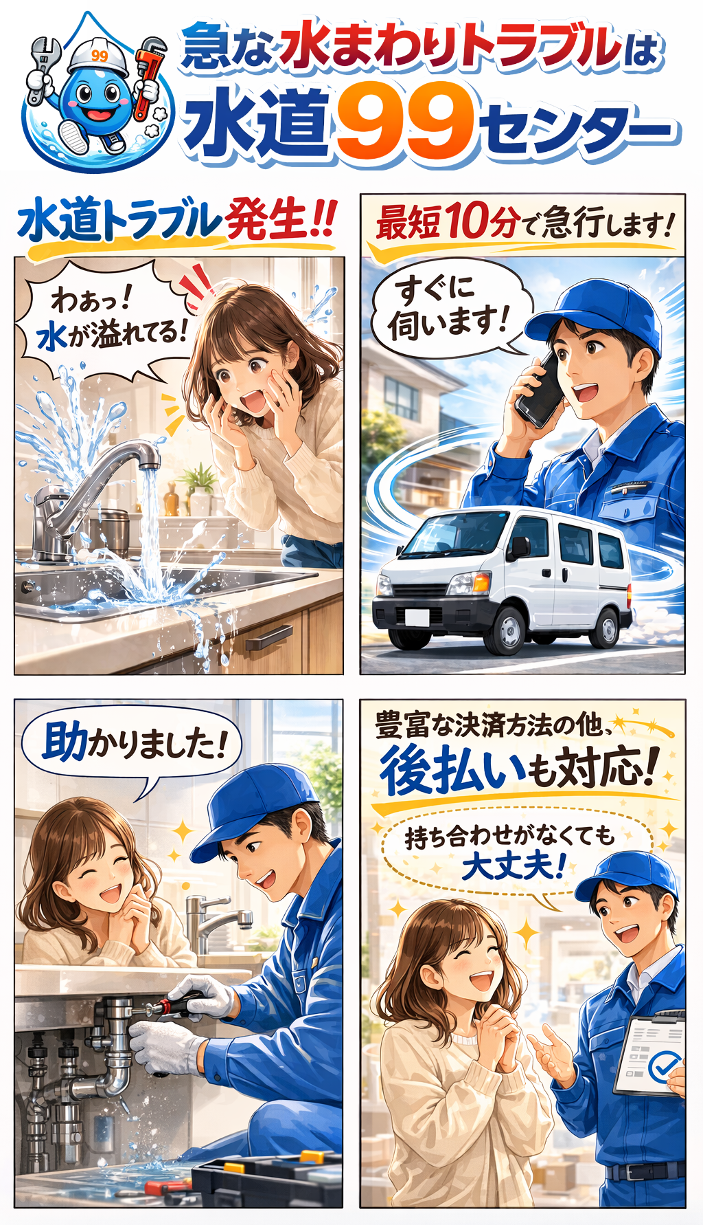 急な水まわりトラブルは水道99センター